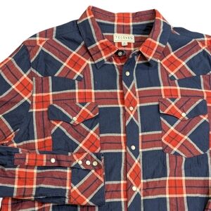 Tecovas Western Shirt Mens XL Crimson Navy Plaid Pearl Snap Rodeo Cowboy Yellows